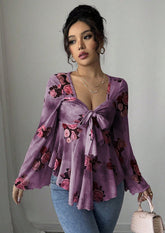 Floral Print Tie Bow Long Sleeve Top